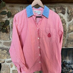 Vintage Striped Button-Up Shirt with Blue Denim Collar